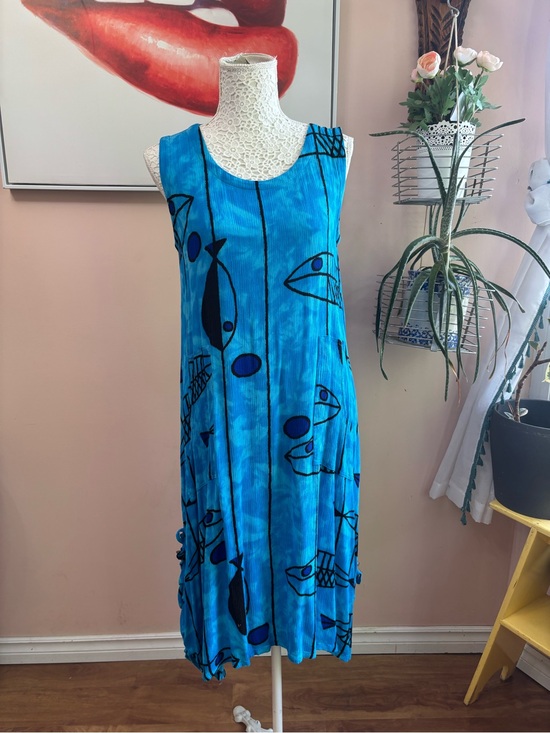 Vintage Dresses & Skirts - Vintage Bright Blue Sleeveless Maxi Dress with Fish Print